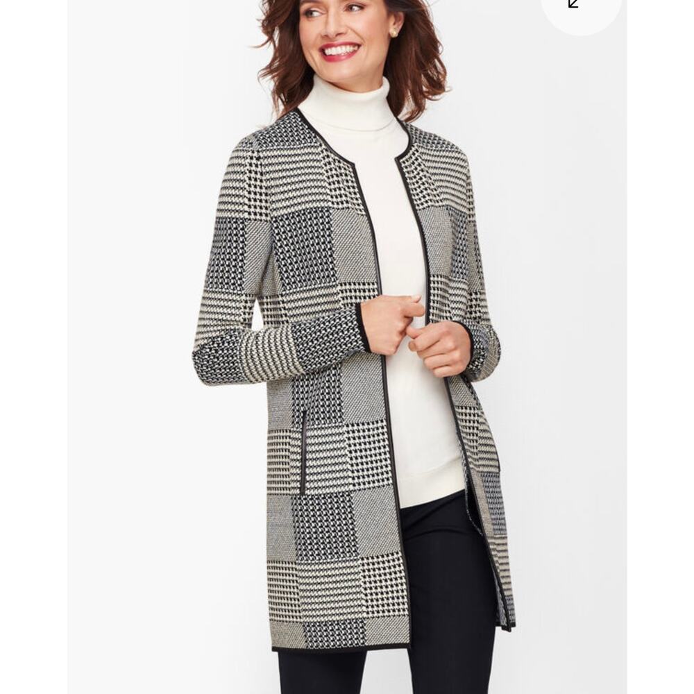 Talbots knit plaid Patchwork faux leather trim open‎ sweater jacket size medium